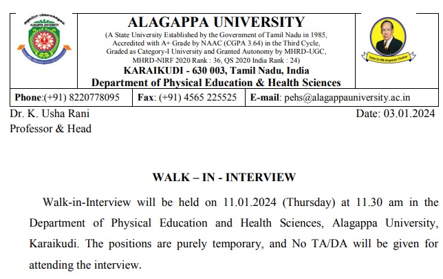 Alagappa University Recruitment 2024 - Research Assistant, Field Survey Investigator Post