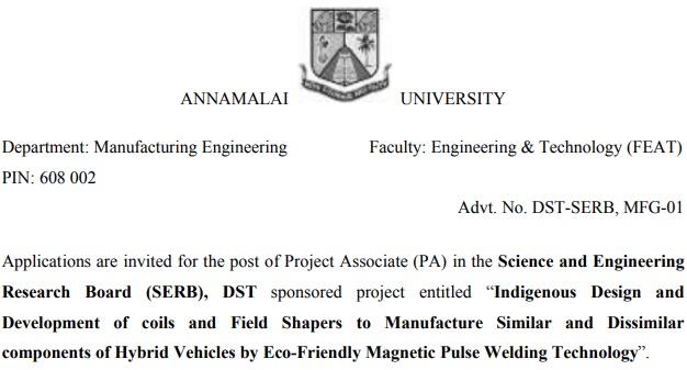 Annamalai University Recruitment 2024 - Project Associate Post
