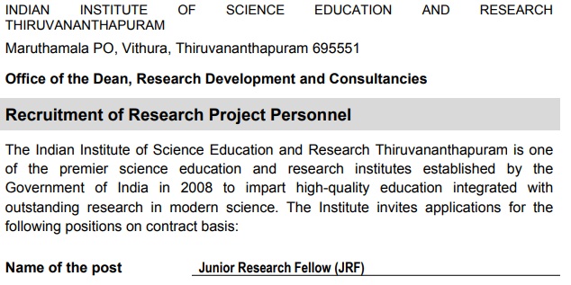 IISER Thiruvananthapuram Recruitment 2024 - Junior Research Fellow