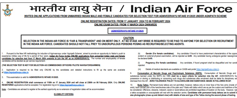 Indian Air Force Recruitment 2024 3500 Agniveer Intake  Posts