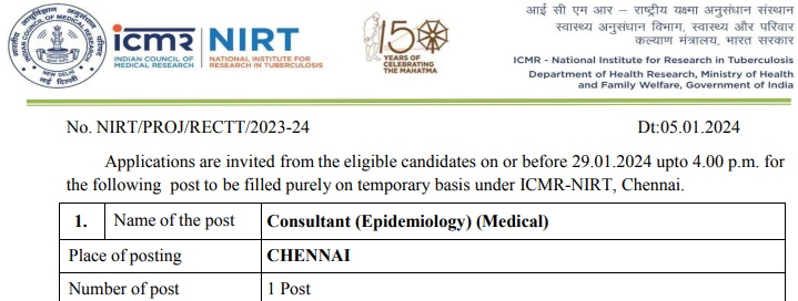 NIRT Chennai Recruitment 2024 - Consultant (Epidemiology)